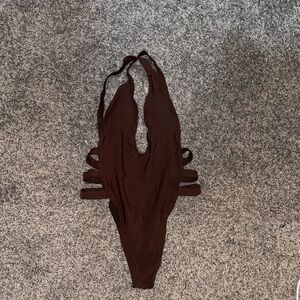 Matte Collection One-Piece Swimsuit in Dark Brown - Strappy Halter Style Size S